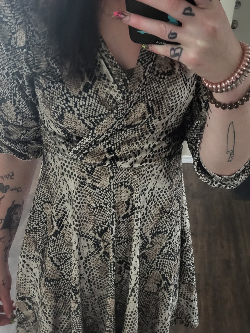 Snake-Print Wrap Dress in Black and Cream